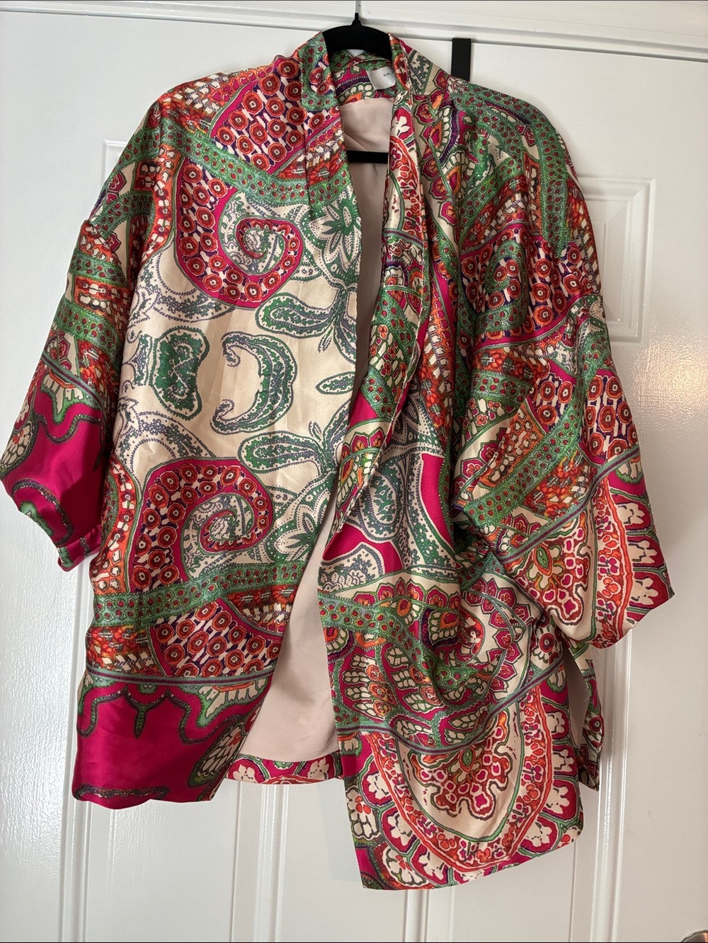 Silk-Effect Paisley Open-Front Kimono Jacket - Pink & Green